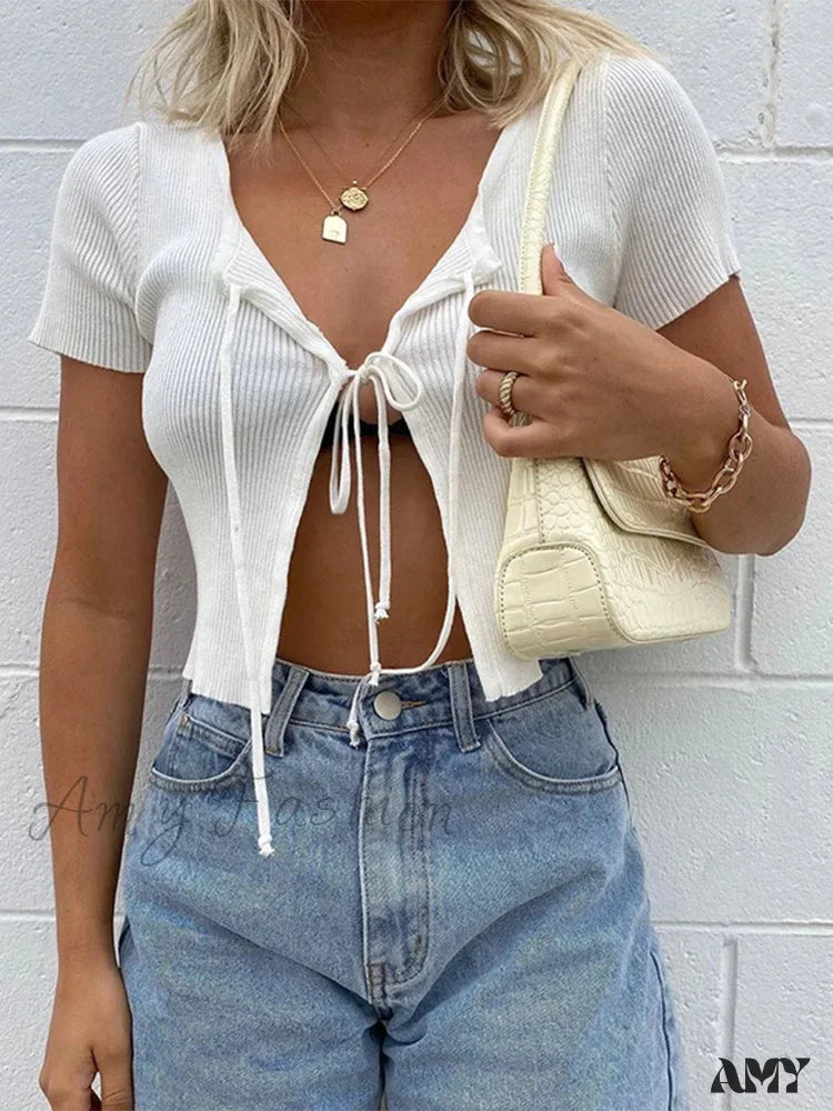 Amy Fashion - Sexy Cropped Lace Up Hollow Out Front Split Slim Streetwear Crop Top