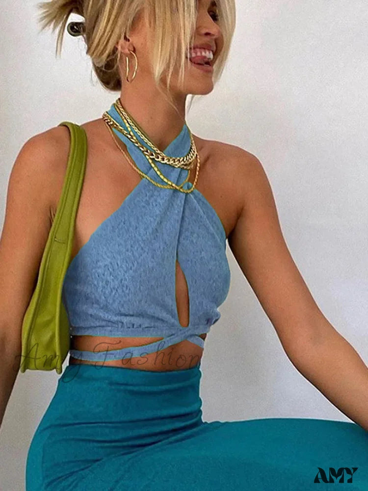 Amy Fashion - Sexy Green Bandage Halter Backless Club Party Crop Top Blue / S