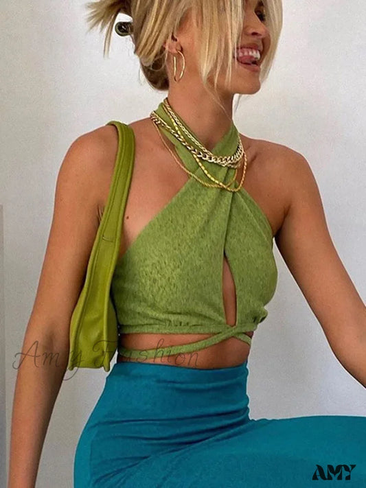 Amy Fashion - Sexy Green Bandage Halter Backless Club Party Crop Top / S