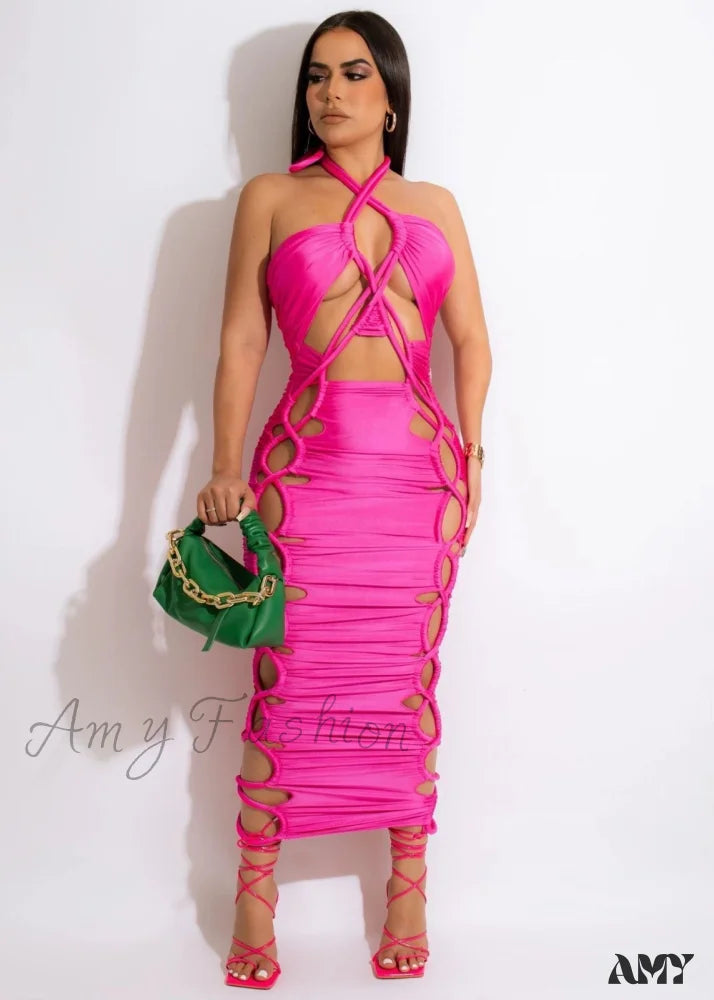 Amy Fashion - Sexy High Slit Lace Up Bodycon Dress Fuchsia Dress / S