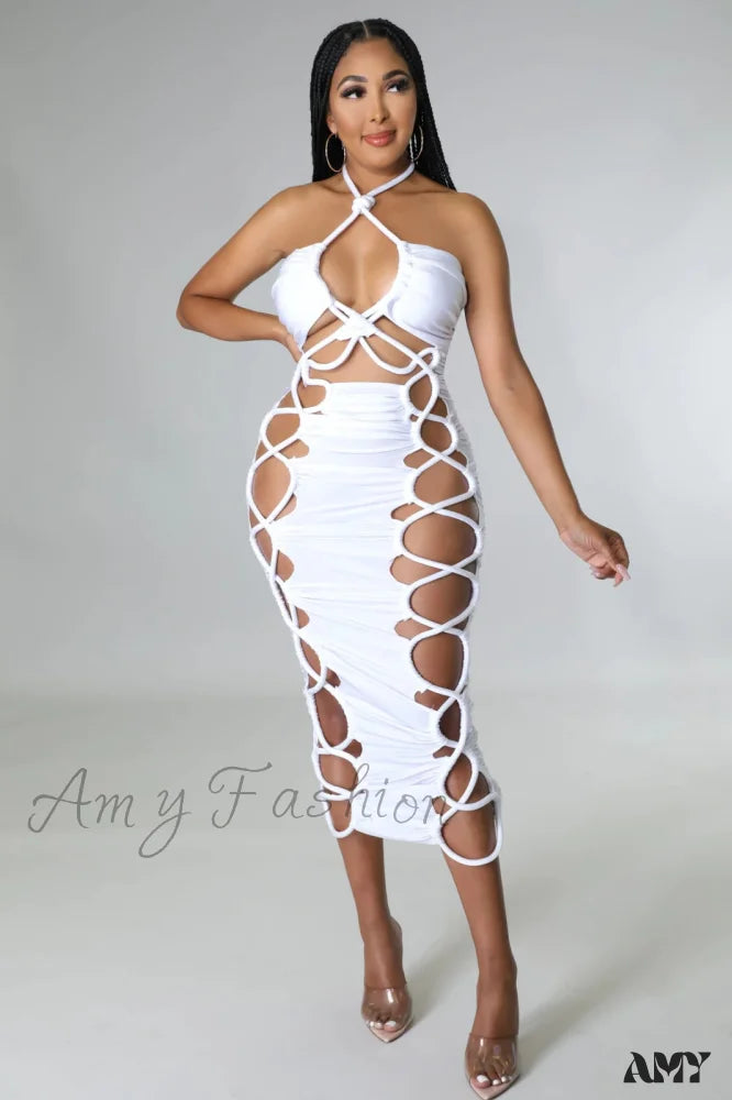 Amy Fashion - Sexy High Slit Lace Up Bodycon Dress White Dress / S