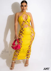 Amy Fashion - Sexy High Slit Lace Up Bodycon Dress Yellow Dress / S