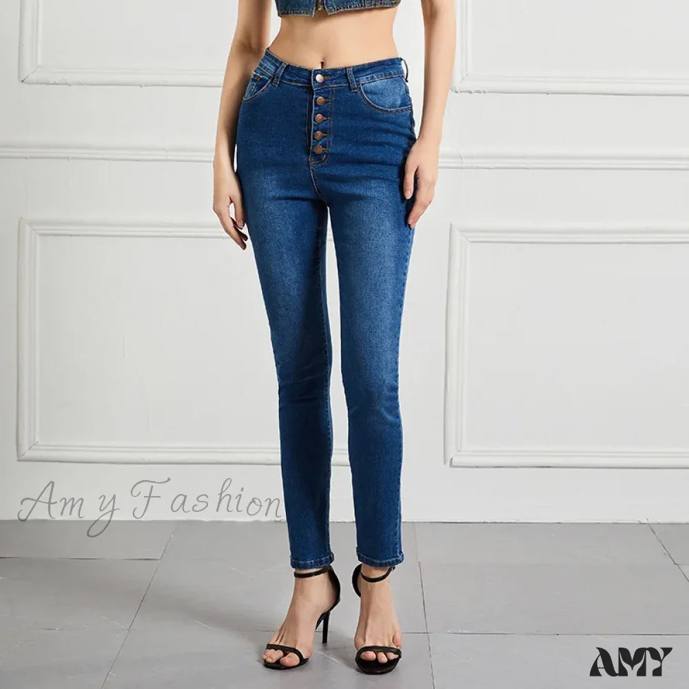 Amy Fashion - Sexy High Waist Slim Vintage Trendy Office Fashionable Stretchy Denim Jean Dark Blue