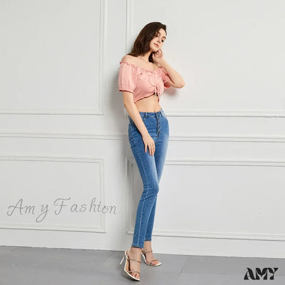 Amy Fashion - Sexy High Waist Slim Vintage Trendy Office Fashionable Stretchy Denim Jean Light Blue