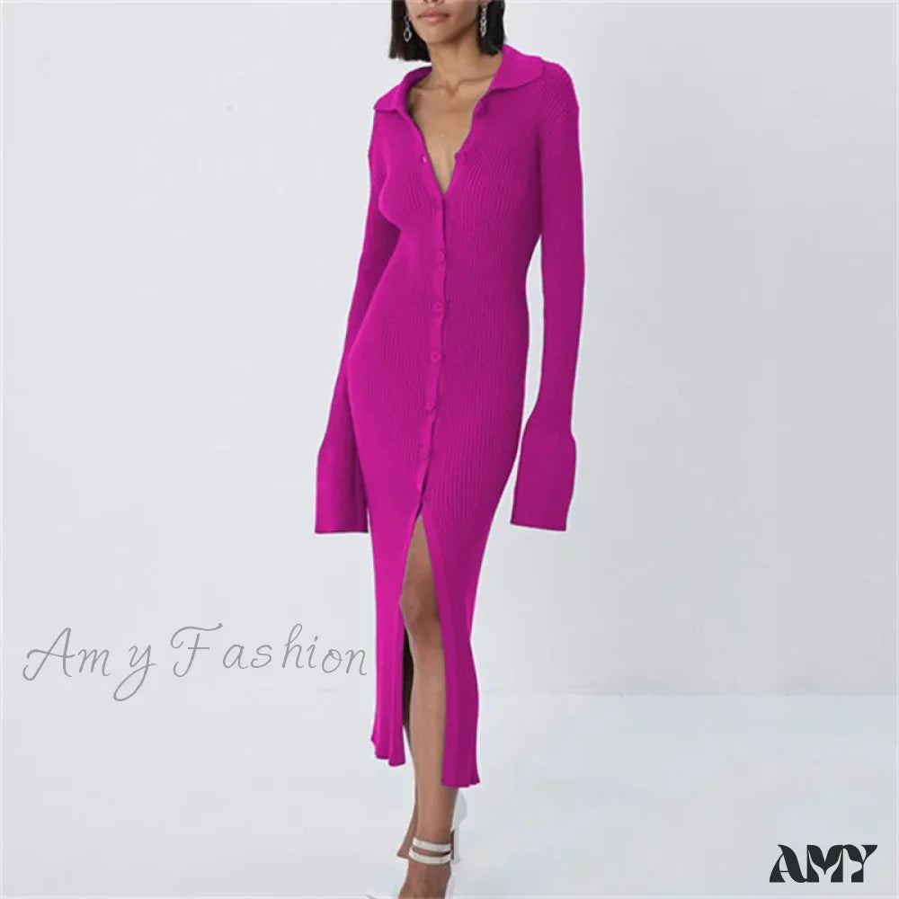 Amy Fashion - Sexy Knitted Cardigan Women Female Slim Solid Autumn Winter Flare Sleeve Vestidos