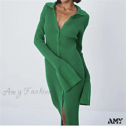 Amy Fashion - Sexy Knitted Cardigan Women Female Slim Solid Autumn Winter Flare Sleeve Vestidos