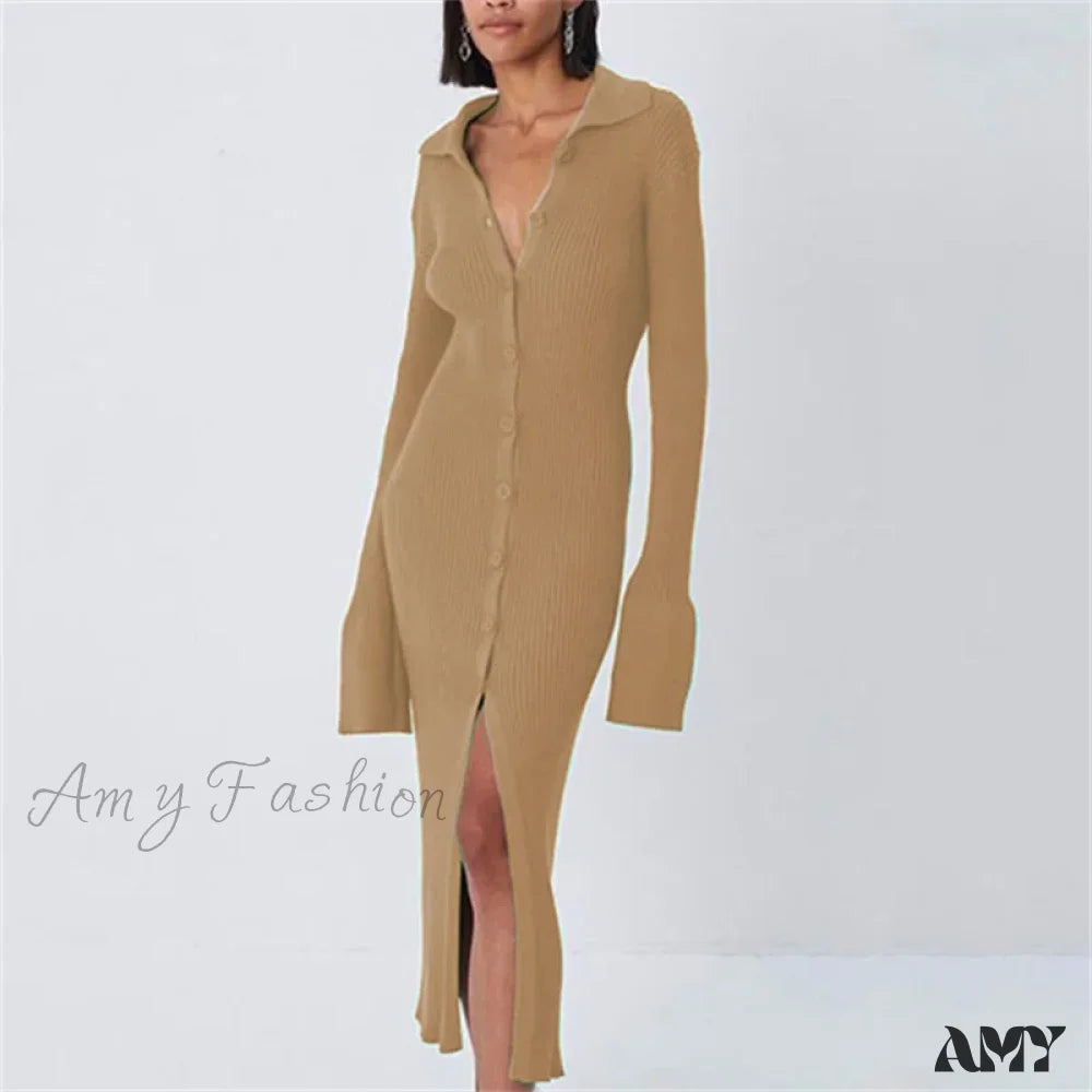 Amy Fashion - Sexy Knitted Cardigan Women Female Slim Solid Autumn Winter Flare Sleeve Vestidos