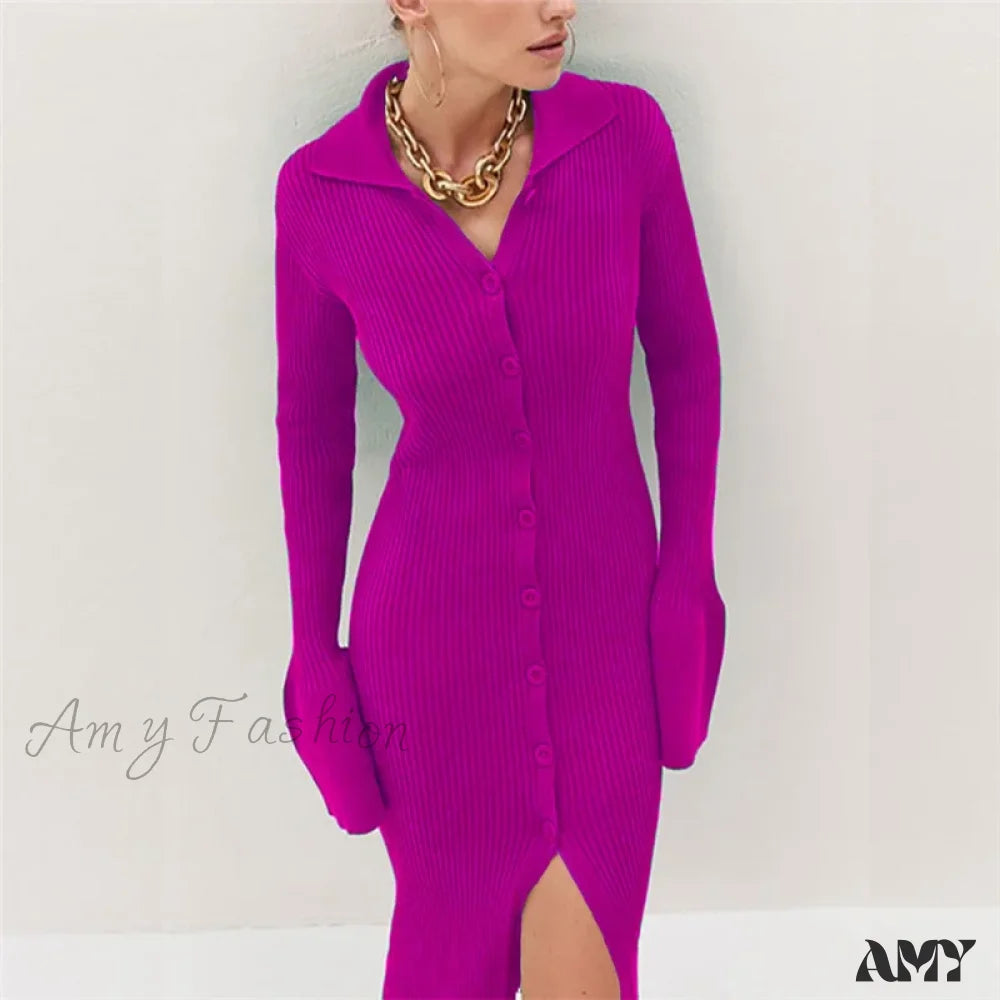 Amy Fashion - Sexy Knitted Cardigan Women Female Slim Solid Autumn Winter Flare Sleeve Vestidos