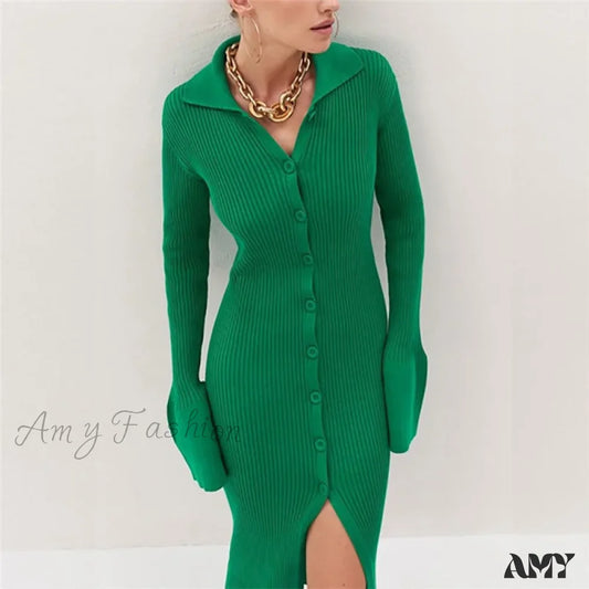 Amy Fashion - Sexy Knitted Cardigan Women Female Slim Solid Autumn Winter Flare Sleeve Vestidos