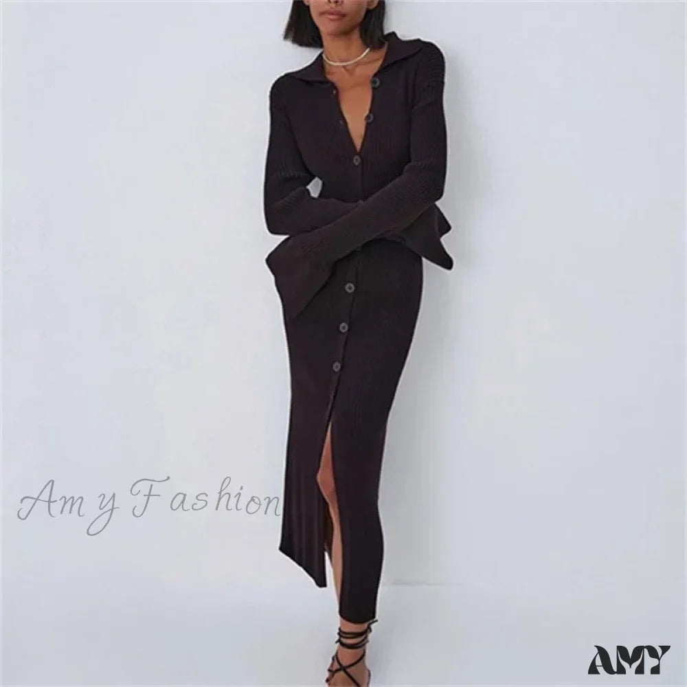 Amy Fashion - Sexy Knitted Cardigan Women Female Slim Solid Autumn Winter Flare Sleeve Vestidos