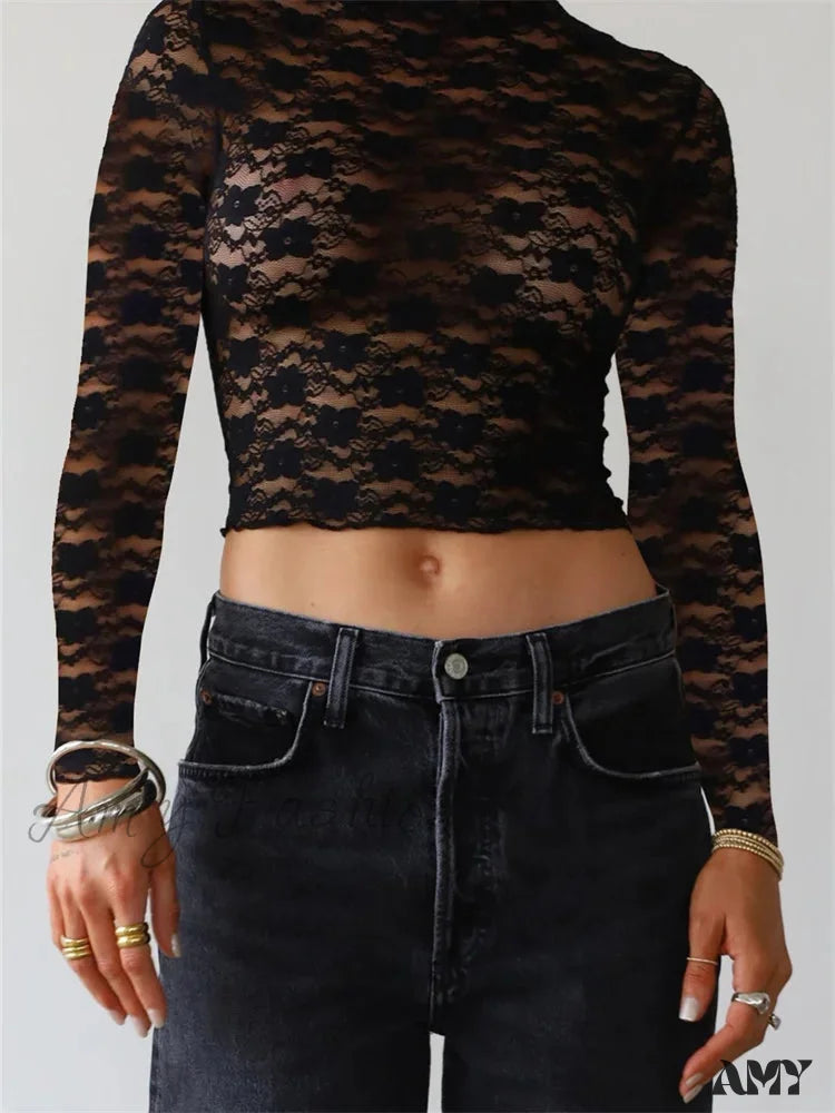 Amy Fashion - Sexy Lace Flower Crop Tops Long Sleeve Mesh See-Through Slim Fit T-Shirts Black / S