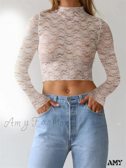 Amy Fashion - Sexy Lace Flower Crop Tops Long Sleeve Mesh See-Through Slim Fit T-Shirts White / S