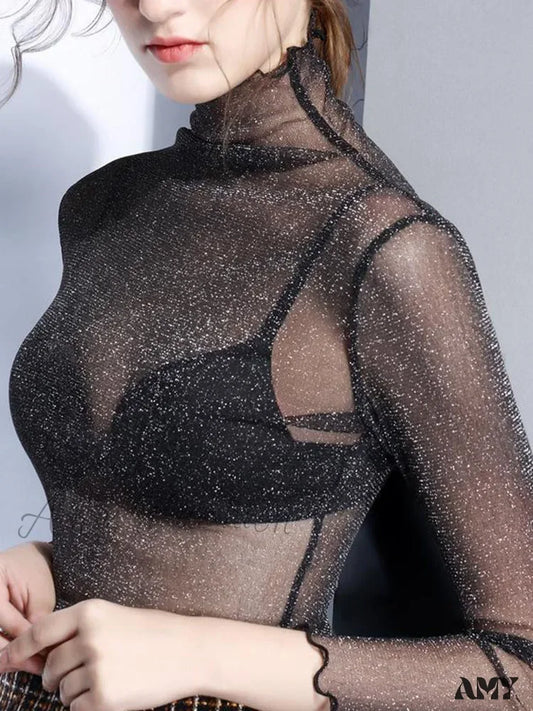 Amy Fashion - Sexy Mesh Long Sleeve Transparent See Through Femme Crop Top