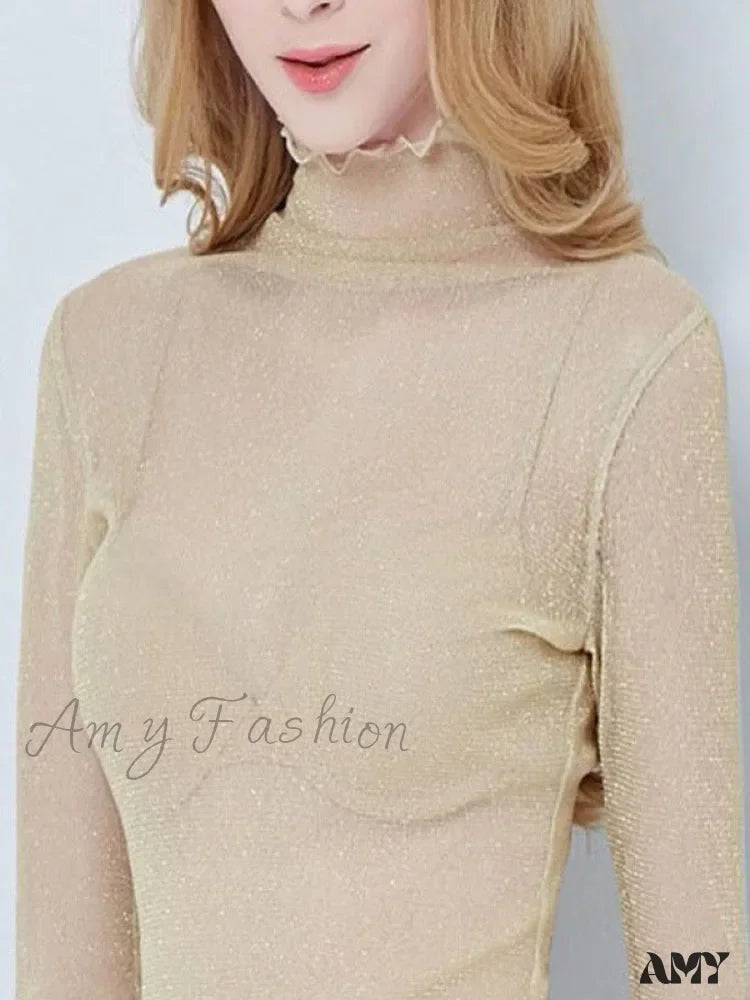 Amy Fashion - Sexy Mesh Long Sleeve Transparent See Through Femme Crop Top Apricot / S