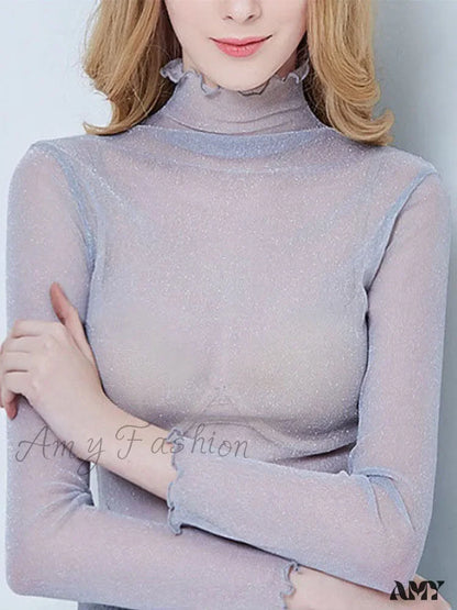 Amy Fashion - Sexy Mesh Long Sleeve Transparent See Through Femme Crop Top Gray / S