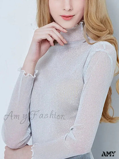 Amy Fashion - Sexy Mesh Long Sleeve Transparent See Through Femme Crop Top White / S