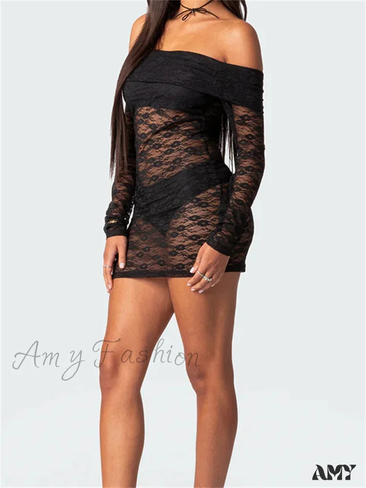 Amy Fashion - Sexy Off Shoulder Lace Long Sleeve Mini Dress