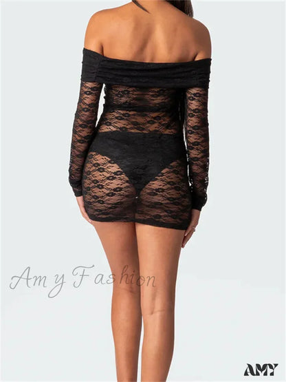 Amy Fashion - Sexy Off Shoulder Lace Long Sleeve Mini Dress