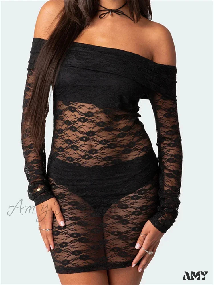 Amy Fashion - Sexy Off Shoulder Lace Long Sleeve Mini Dress Black / S