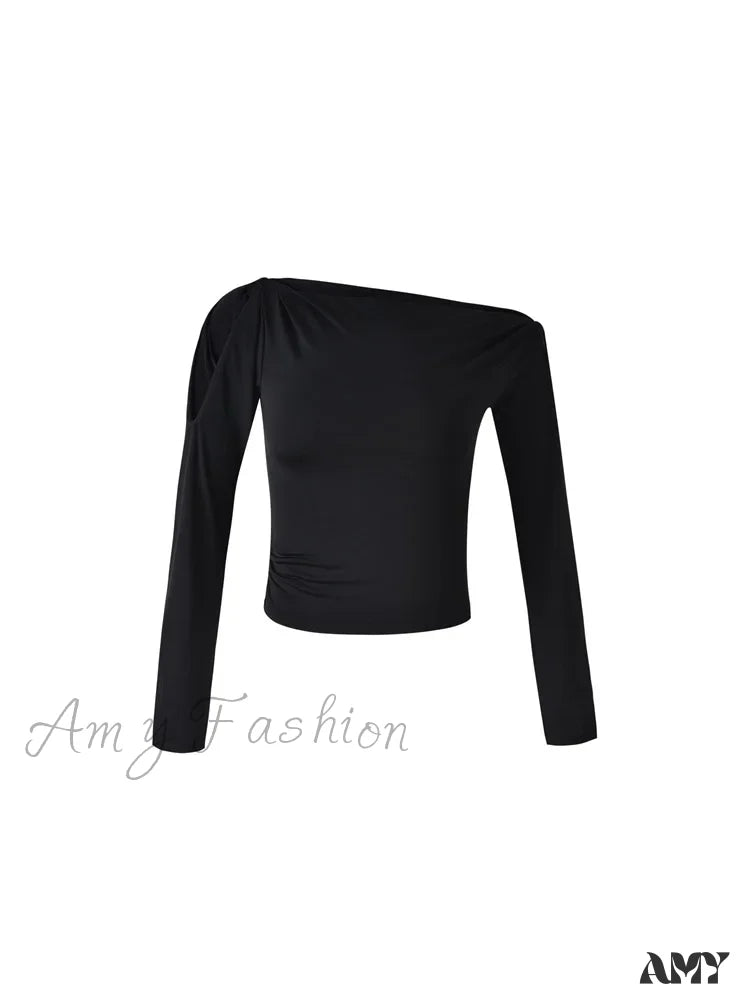 Amy Fashion - Sexy Off Shoulder Long Sleeve Neck Solid Color Slim Fit T-Shirts