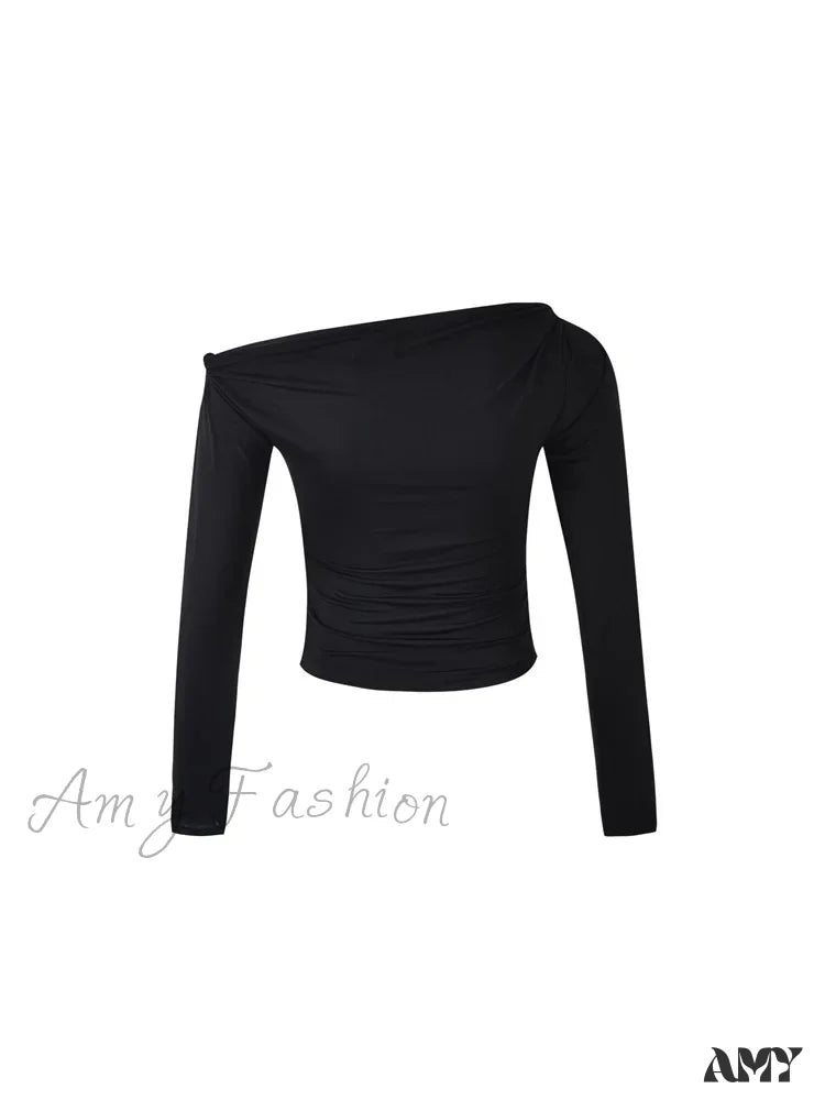 Amy Fashion - Sexy Off Shoulder Long Sleeve Neck Solid Color Slim Fit T-Shirts