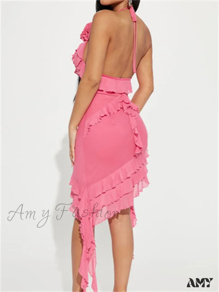 Amy Fashion - Sexy Ruffles Fairy Floral Halter Off Shoulder Backless Mini Dress