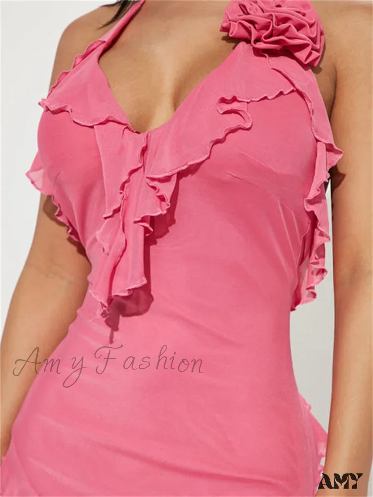 Amy Fashion - Sexy Ruffles Fairy Floral Halter Off Shoulder Backless Mini Dress