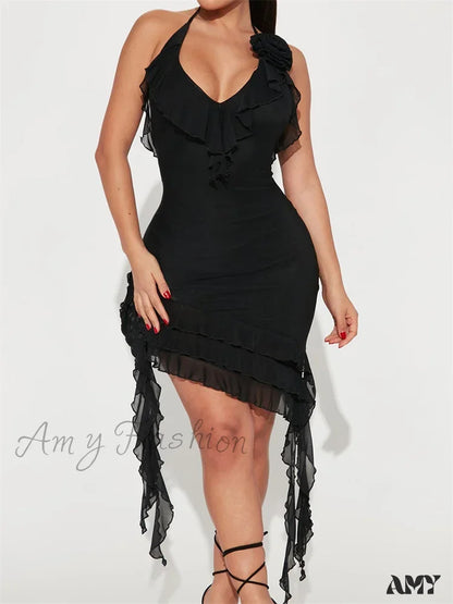 Amy Fashion - Sexy Ruffles Fairy Floral Halter Off Shoulder Backless Mini Dress Black / S