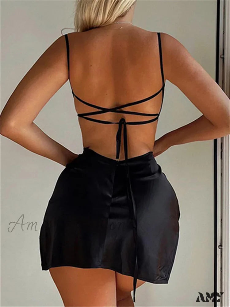 Amy Fashion - Sexy Satin Sleeveless Strap Summer Solid Bandage Backless Mini Dress