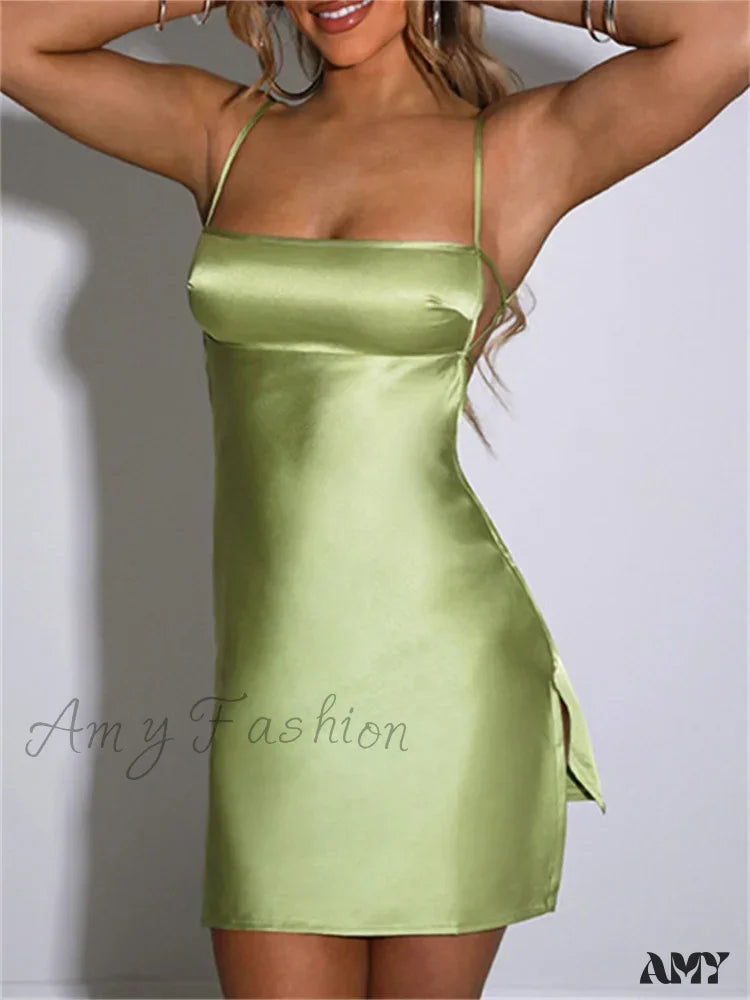 Amy Fashion - Sexy Satin Sleeveless Strap Summer Solid Bandage Backless Mini Dress