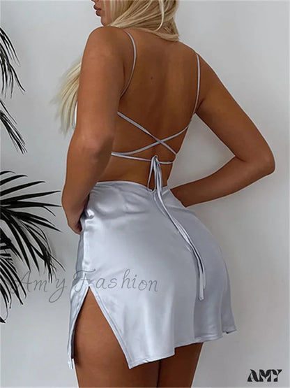 Amy Fashion - Sexy Satin Sleeveless Strap Summer Solid Bandage Backless Mini Dress