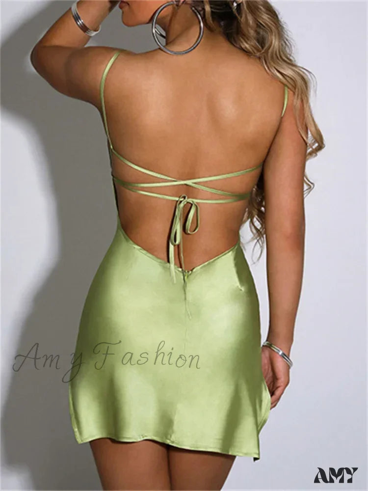 Amy Fashion - Sexy Satin Sleeveless Strap Summer Solid Bandage Backless Mini Dress