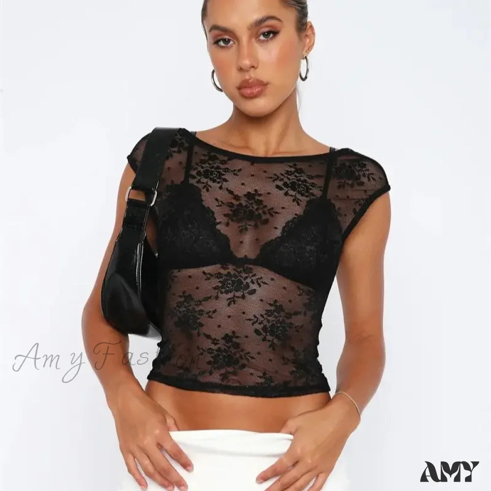 Amy Fashion - Sexy See Through Mesh Backless Bodycon Summer Party Crop Top Black / Xs