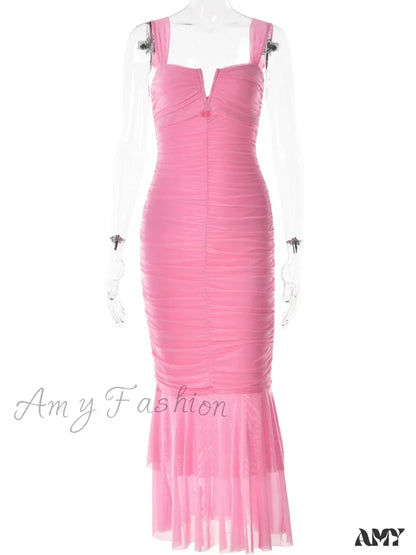 Amy Fashion - Sexy Sleeveless Strap Evening For Women Low Cut Ruched Bodycon Elegant Mermaid Party