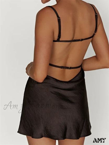 Amy Fashion - Sexy Sleeveless Strap Patchwork Hollow Out Backless Mini Dress