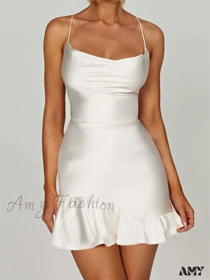 Amy Fashion - Sexy Sleeveless Strap Satin Backless Ruffles Hem Mini Dress