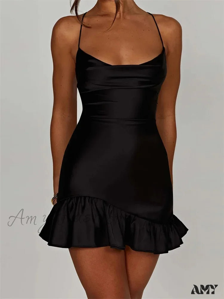 Amy Fashion - Sexy Sleeveless Strap Satin Backless Ruffles Hem Mini Dress