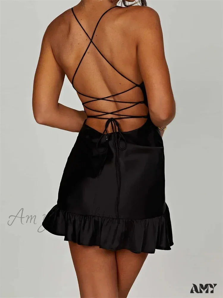 Amy Fashion - Sexy Sleeveless Strap Satin Backless Ruffles Hem Mini Dress