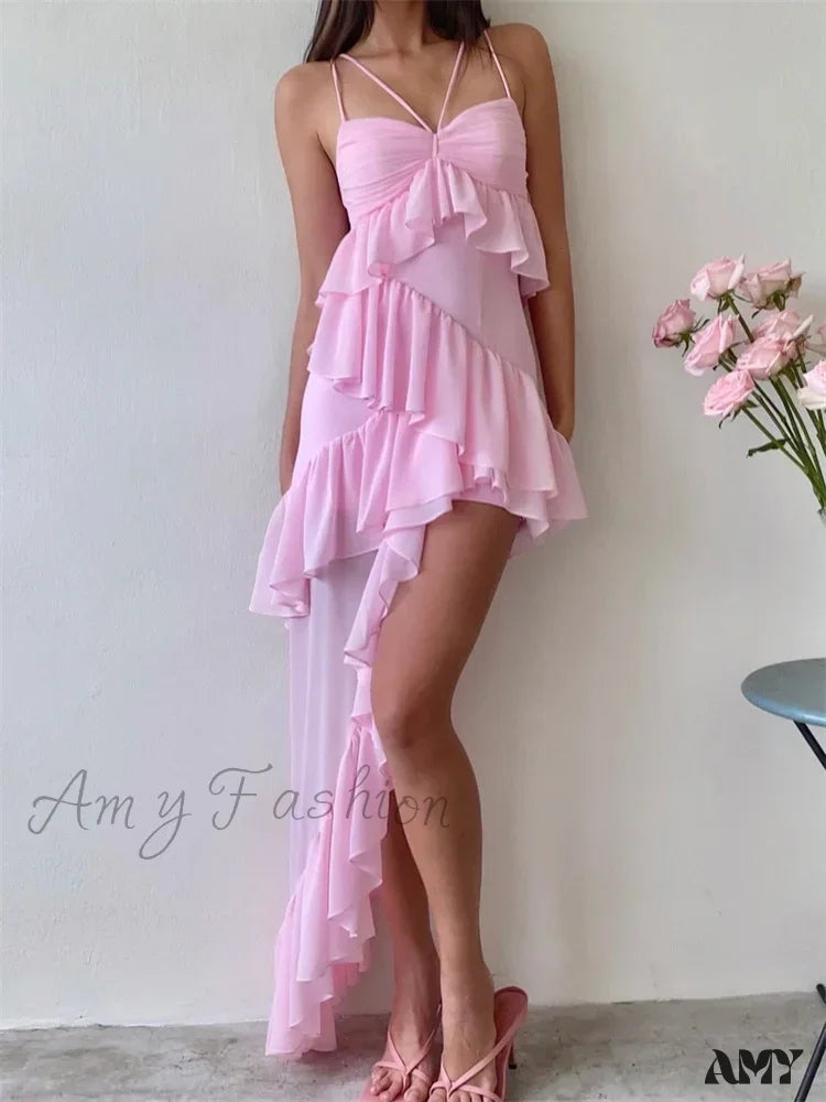 Amy Fashion - Sexy Sleeveless Strap Sling For Women V-Neck Ruffles Hem Y2K Off Shoulder High Split