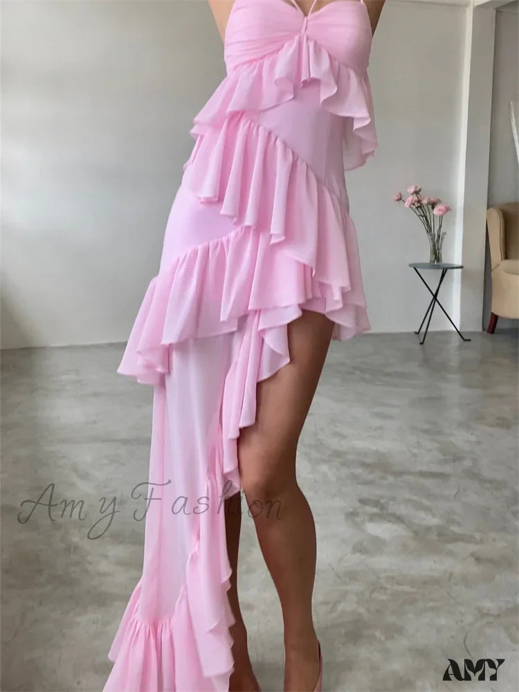 Amy Fashion - Sexy Sleeveless Strap Sling For Women V-Neck Ruffles Hem Y2K Off Shoulder High Split