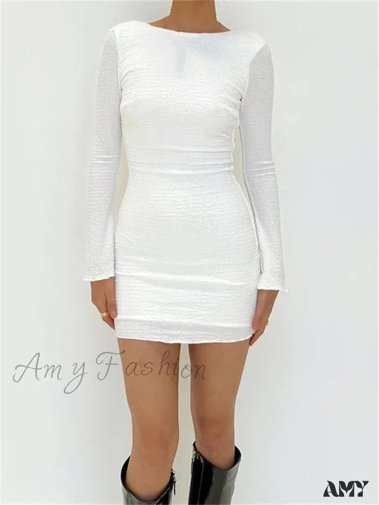 Amy Fashion - Sexy Solid Bodycon Color Long Sleeve Spring Mini Dress