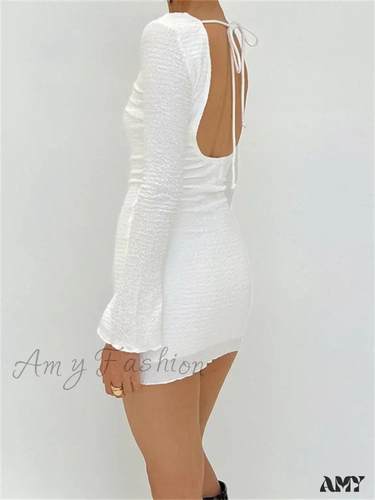 Amy Fashion - Sexy Solid Bodycon Color Long Sleeve Spring Mini Dress