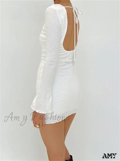 Amy Fashion - Sexy Solid Bodycon Color Long Sleeve Spring Mini Dress