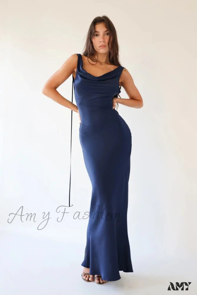 Amy Fashion - Sexy Spaghetti Strap Satin Lace Up Backless Long Dress Dresses