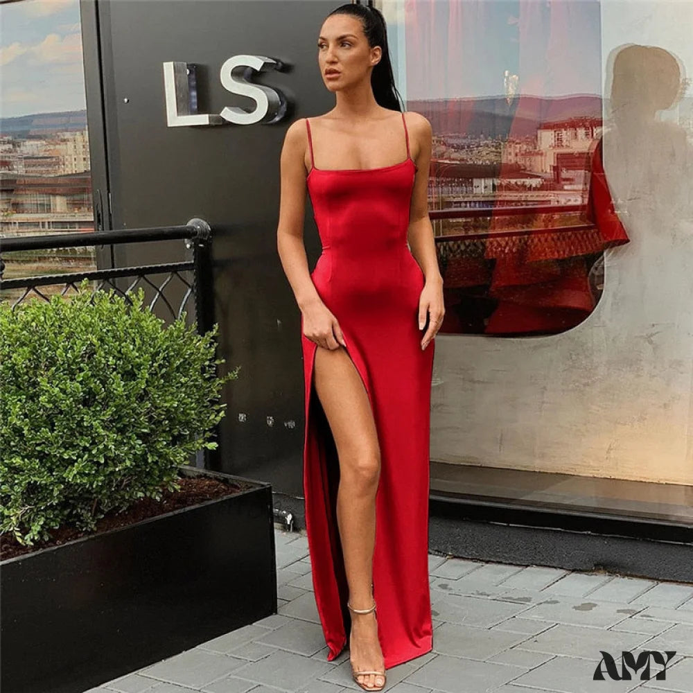 Amy Fashion - Sexy Strap Split Summer Elastic Long Dresses Red / S