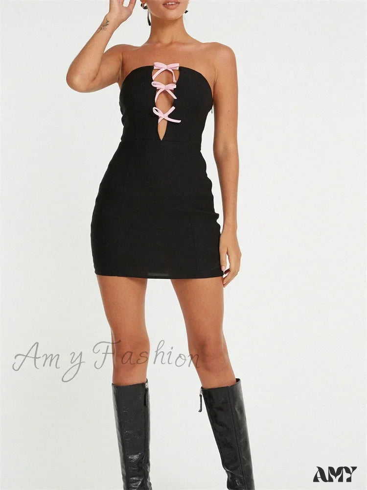 Amy Fashion - Sexy Strapless Off Shoulder Casual Bow Patchwork Cutout Mini Dress