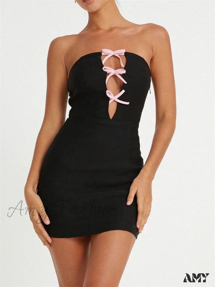 Amy Fashion - Sexy Strapless Off Shoulder Casual Bow Patchwork Cutout Mini Dress