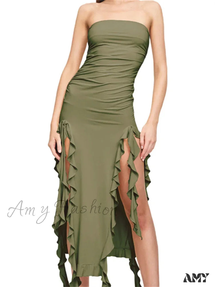 Amy Fashion - Sexy Strapless Off Shoulder Women Ruffles Split Beach Summer Slim Fit Party Female