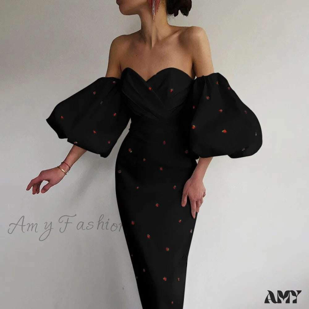 Amy Fashion - Sexy Strawberry Dot Off The Shoulder Bodycon Dress Black / S