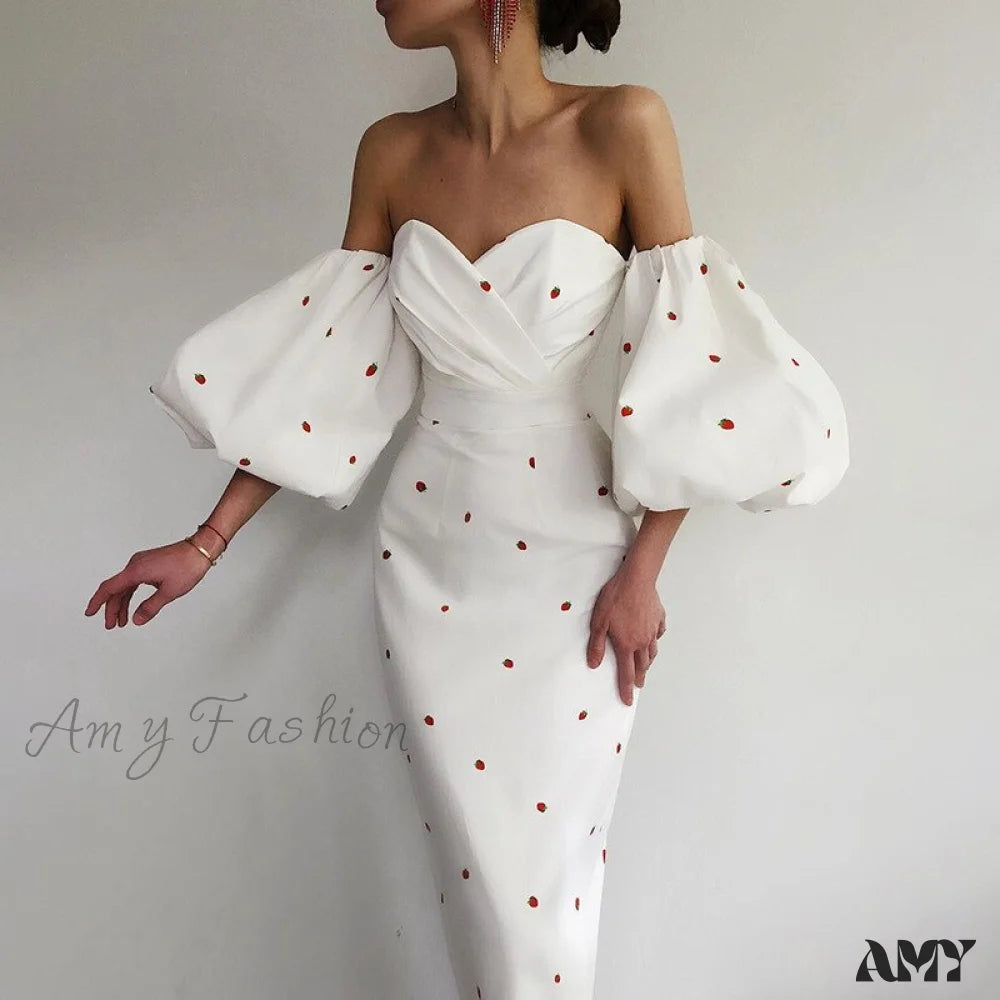 Amy Fashion - Sexy Strawberry Dot Off The Shoulder Bodycon Dress White / S